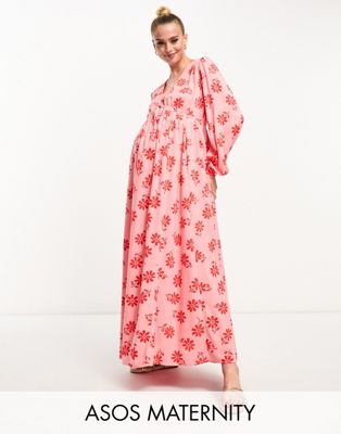 ASOS DESIGN Maternity viscose v-neck long sleeve midi dress with tie front detail in red and pink floral