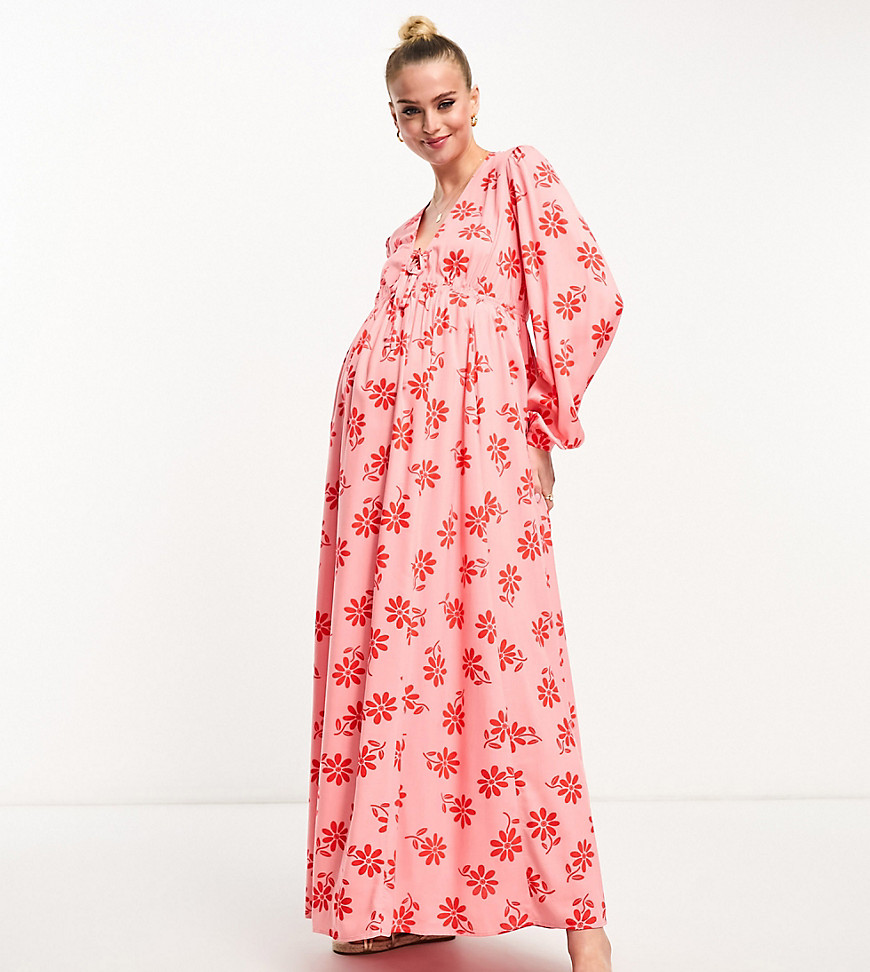 Asos Maternity Asos Design Maternity Viscose V-neck Long Sleeve Midi Dress With Tie Front Detail In Red And Pink Fl In Multi