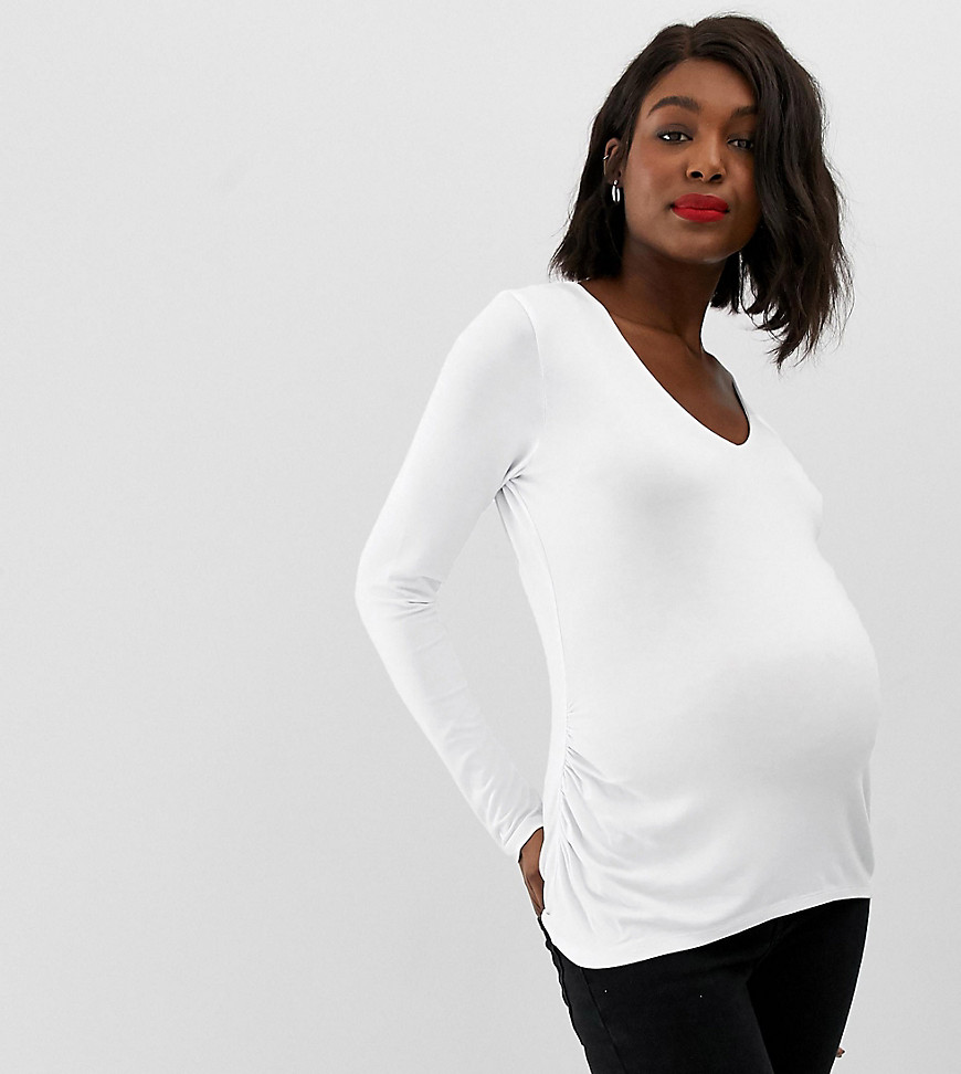 ASOS DESIGN Maternity – Vit, långärmad topp med v-ringning och rysch