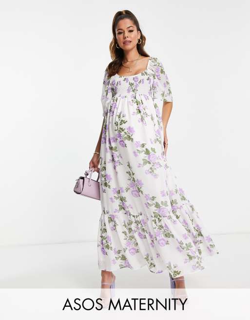 ASOS DESIGN Maternity – Vit, lilablommig maxiklänning med djup halsringning och råskuren fåll