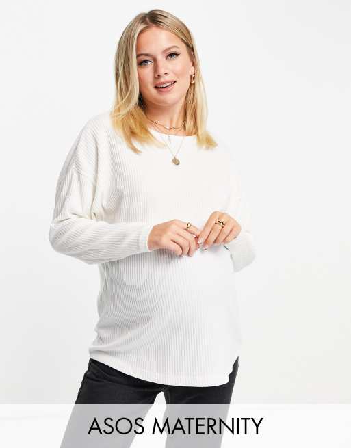 ASOS DESIGN Maternity – Vit ribbad topp i supermjukt material med pingvinärm