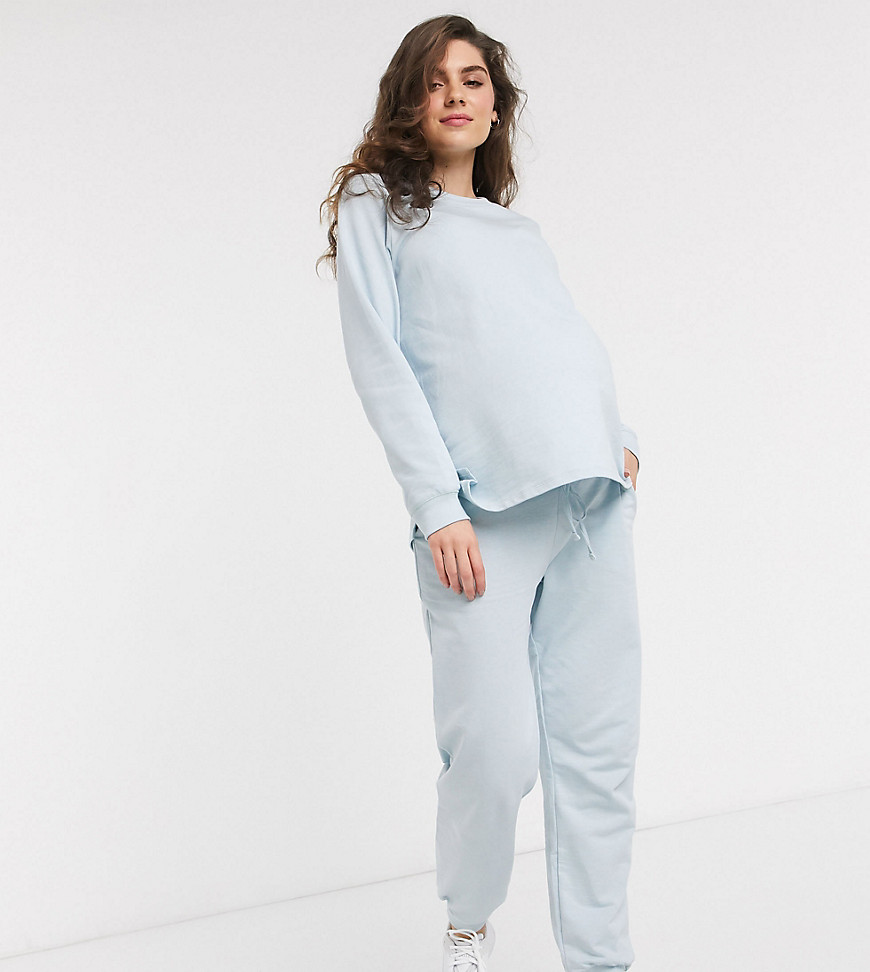 ASOS DESIGN Maternity - Voedingstrainingspak met sweater en joggingbroek met strik van organisch katoen-Blauw