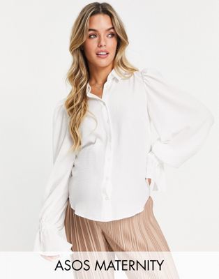 ASOS DESIGN Maternity volume sleeved soft shirt with ruffle cuffs in ivory-White