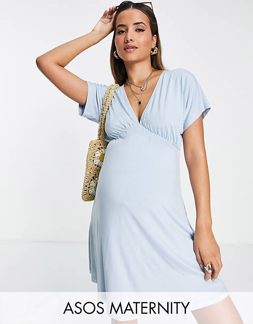 ASOS DESIGN Maternity waisted mini tea dress with buttons in baby blue ...