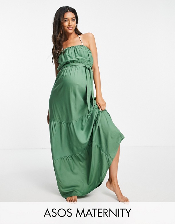 ASOS DESIGN Maternity – Warstwowa sukienka maxi w kolorze khaki, z dekoltem typu bandeau Khaki Kup Najnowsze 