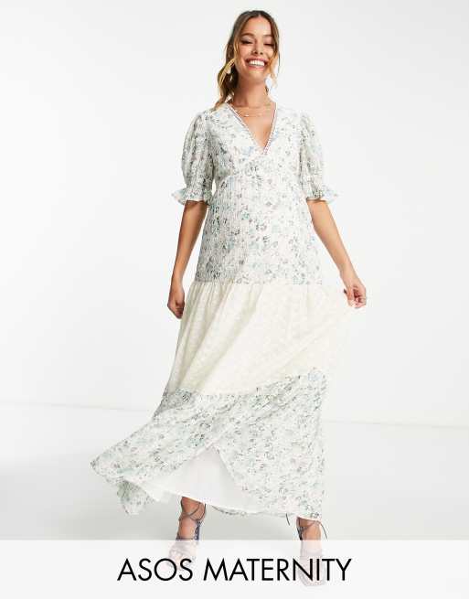 ASOS DESIGN Maternity – Warstwowa sukienka midi ze wstawką z haftem angielskim i mieszanym kwiatowym wzorem