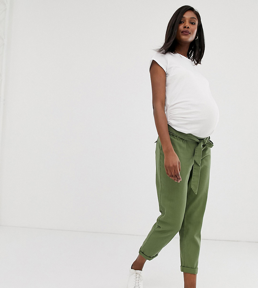 ASOS DESIGN Maternity washed soft twill tie waist casual trouser with under the bump waistband-Green