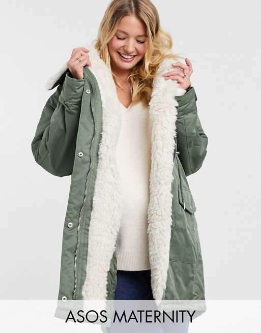 ASOS DESIGN Maternity waterfall parka with borg lining in khaki