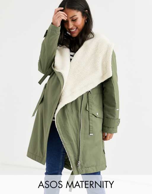 ASOS DESIGN Maternity waterfall parka with fleece lining in khaki