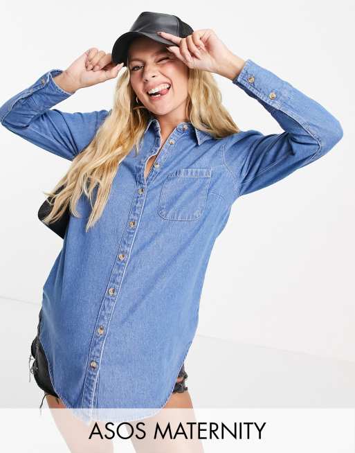 ASOS DESIGN Maternity – Weiches Jeanshemd mit Puffärmeln in mittlerer Waschung