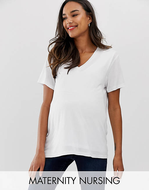 ASOS DESIGN Maternity – Weißes T-Shirt mit V-Ausschnitt zum Stillen