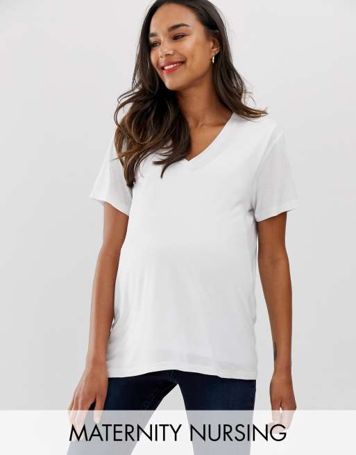 ASOS DESIGN Maternity WeiBes T Shirt mit V Ausschnitt zum Stillen ASOS