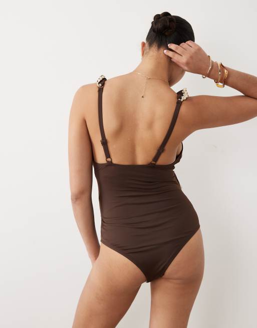 ASOS DESIGN Maternity - Whitney - Costume da bagno marrone con volant, 2 di 4