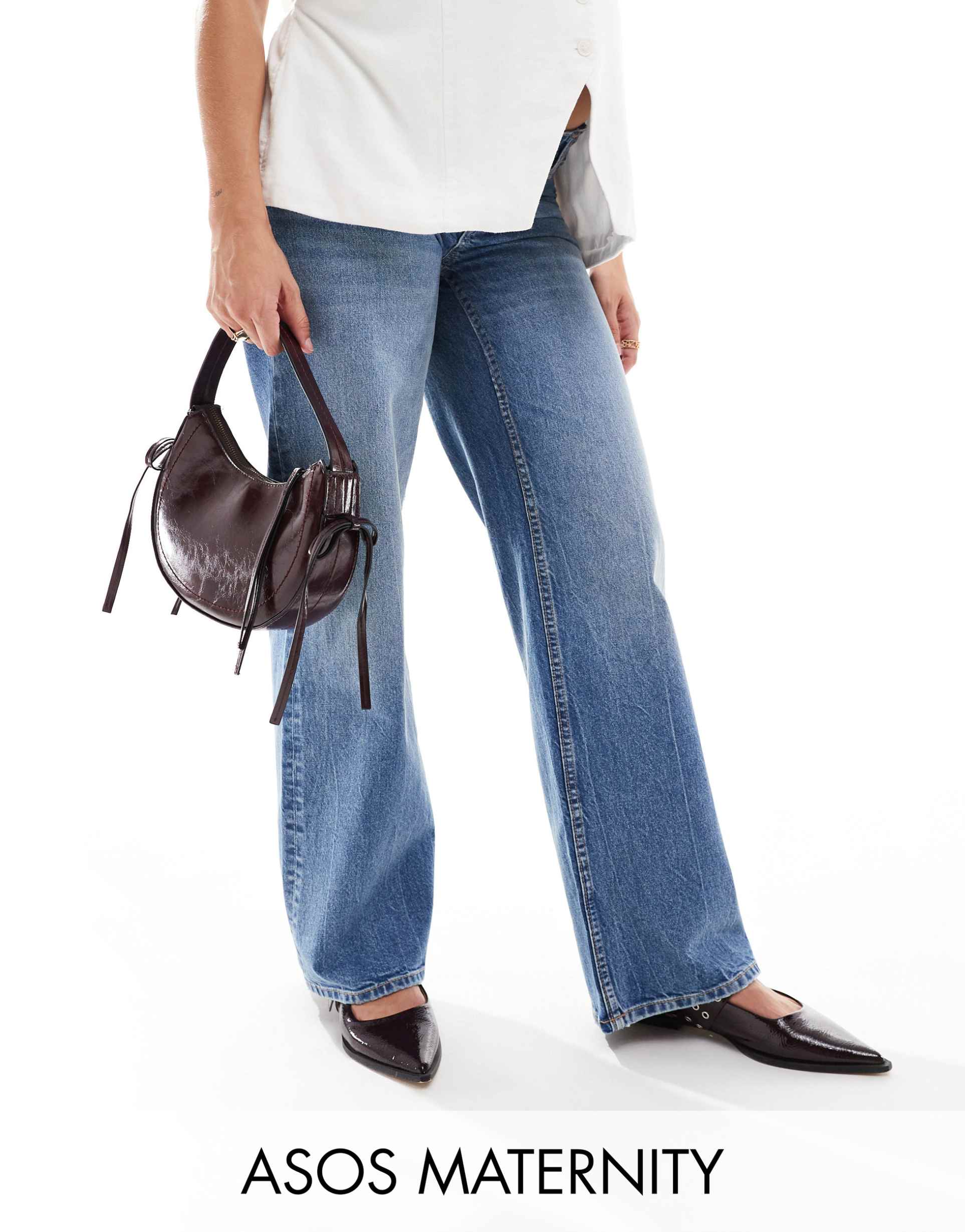asos design maternity wide leg dad jeans in mid blue
