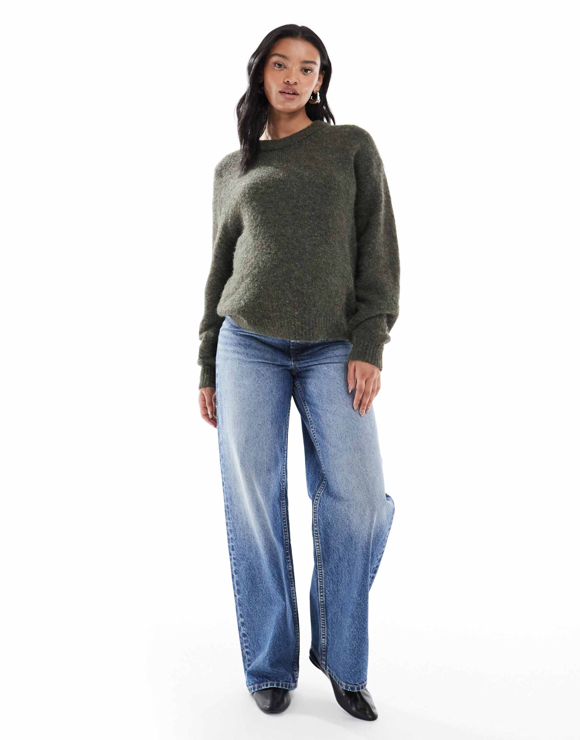 asos design maternity wide leg dad jeans in mid blue