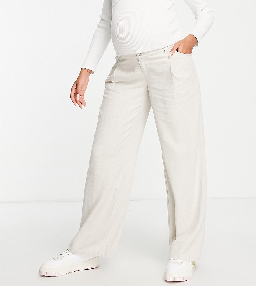 ASOS DESIGN Maternity wide leg pant with linen in oatmeal-Neutral