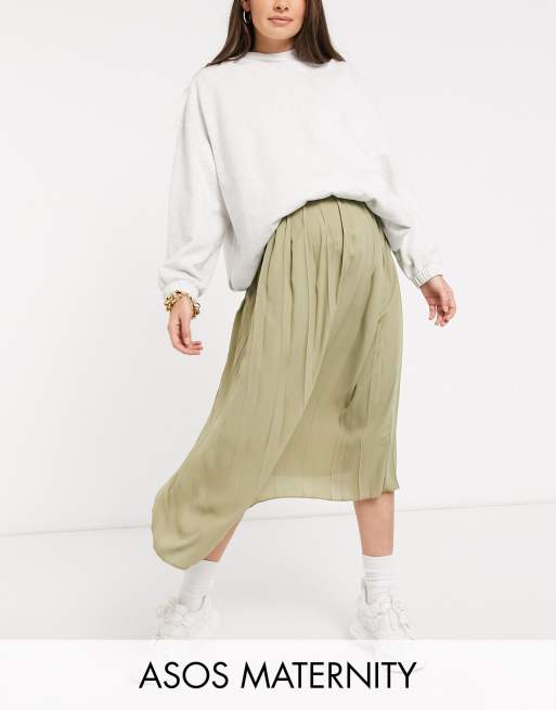 ASOS DESIGN Maternity wide pleat midi skirt in in khaki