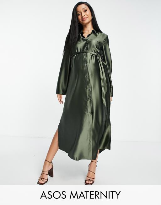 Khaki Silky Shirt Dress