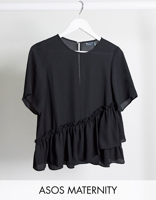 ASOS DESIGN Maternity woven t-shirt with ruffle hem in black
