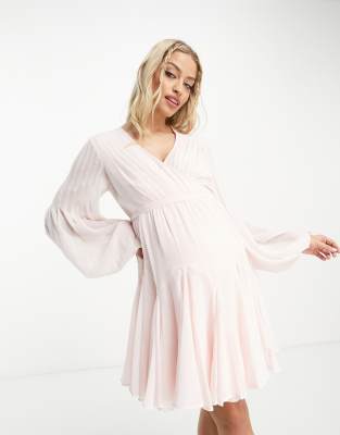 ASOS DESIGN Maternity wrap balloon sleeve mini dress with tie waist detail  in baby pink | ASOS