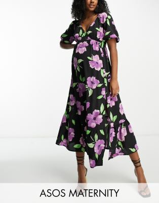 Asos Maternity Asos Design Maternity Wrap Bodice Button Through Skirt With Pep Hem Midi Dress In Large Purple Flora In Multi