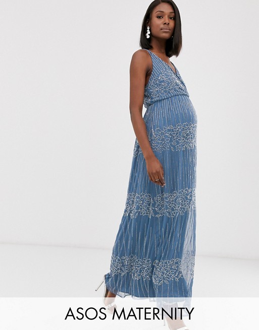 ASOS DESIGN Maternity wrap bodice maxi dress in linear and floral embellishment
