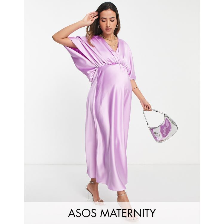 ASOS DESIGN Maternity wrap front midi dress with puff sleeves in pink