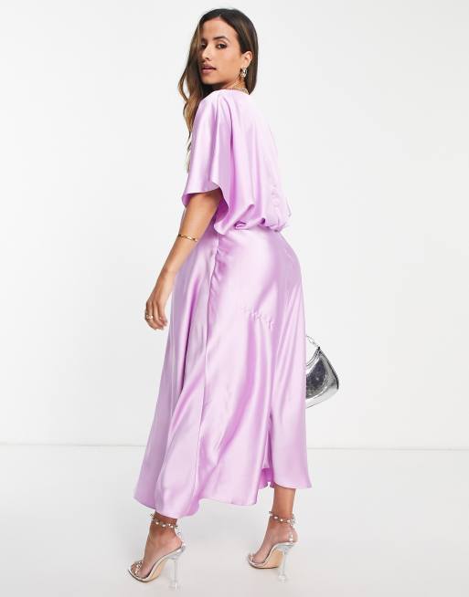 ASOS DESIGN Maternity wrap front batwing sleeve satin midi dress in lilac, 4 of 4