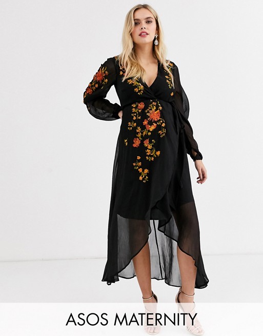 ASOS DESIGN Maternity wrap front midi dress with embroidery