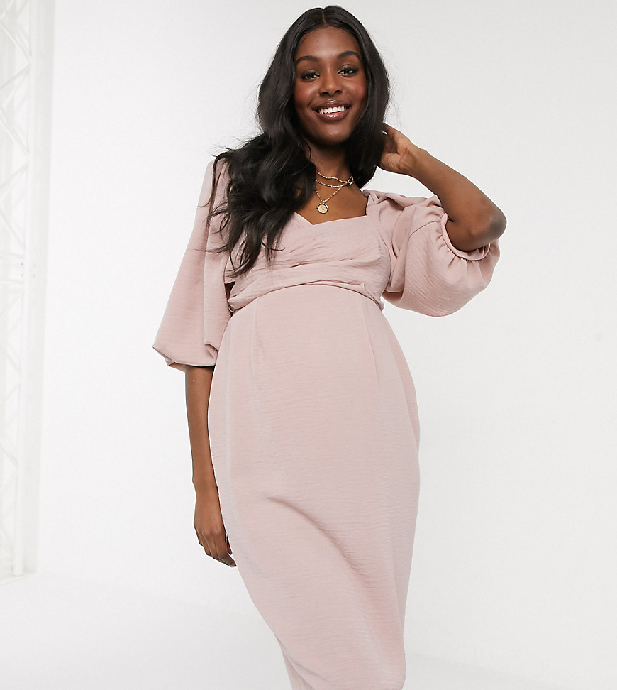 ASOS DESIGN Maternity wrap front midi dress with puff sleeves in pink