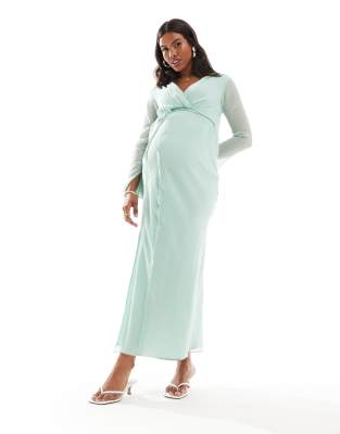 ASOS DESIGN Maternity wrap front midi dress with seaming details in sage green