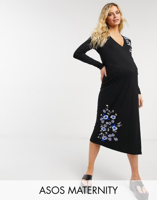 Asos Design Maternity Wrap Long Sleeve Midi Dress In Black With Blue Floral Embroidery Asos 