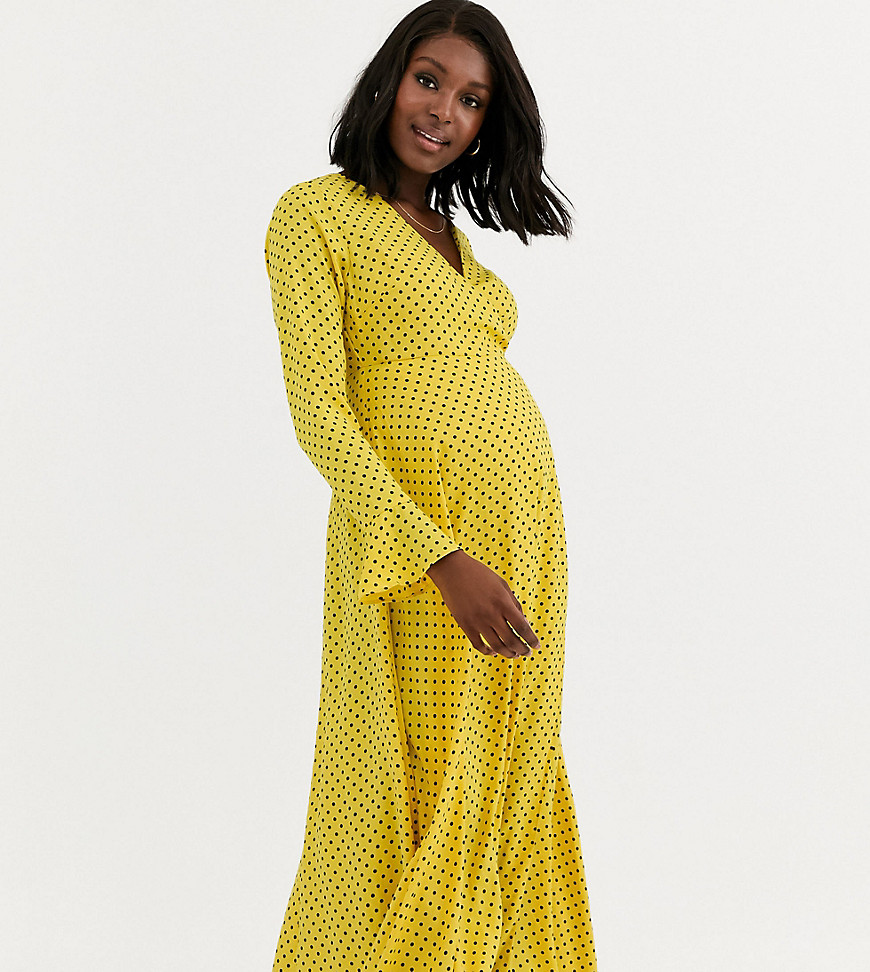 Asos Maternity Asos Design Maternity Wrap Maxi Dress In Yellow Polka Dot-multi