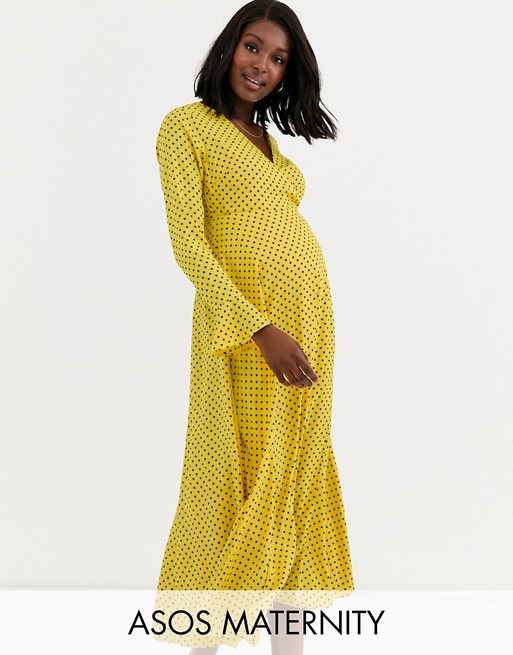 ASOS DESIGN Maternity wrap maxi dress in yellow spot print