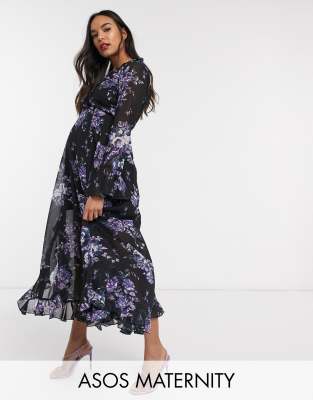 asos design wrap maxi dress with frills in red floral print