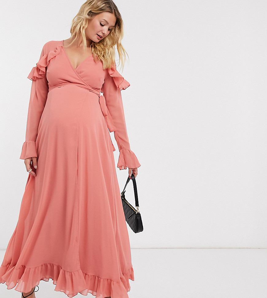 ASOS DESIGN Maternity wrap maxi dress with peplum hem and fluted sleeve in rose-Pink