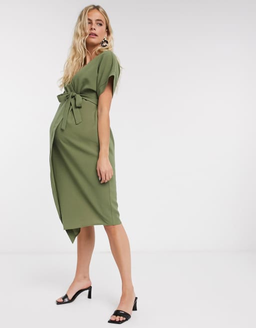 ASOS DESIGN Maternity wrap midi dress in khaki