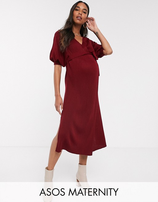 ASOS DESIGN Maternity wrap midi dress in rib knit with volume sleeve