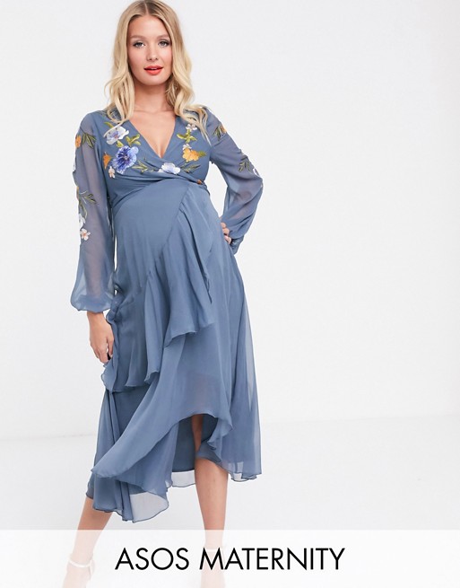 ASOS DESIGN Maternity wrap midi dress with garden floral embroidery