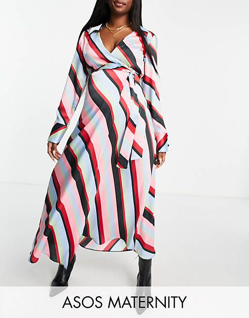 ASOS DESIGN Maternity wrap midi shirt dress in multicoloured stripe print