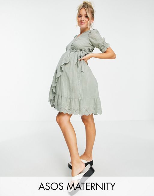 Asos Design Maternity Wrap Mini Dress With Broderie Trim In Self Check In Sage Green Asos 