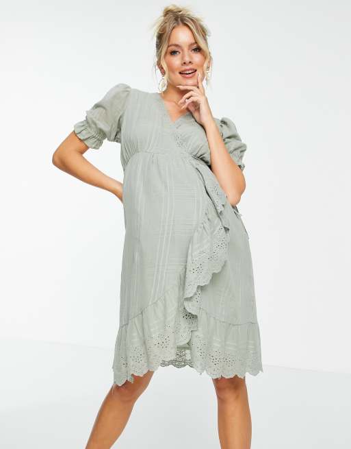 ASOS DESIGN Maternity wrap mini dress with broderie trim in self check in  sage green