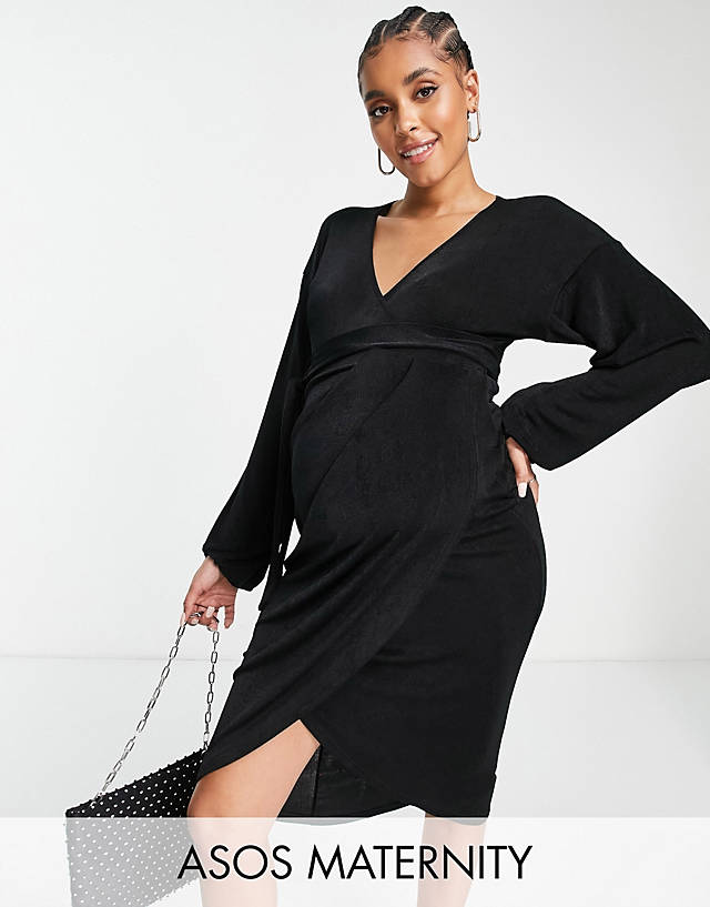 ASOS Maternity - ASOS DESIGN Maternity wrap slinky blouson sleeve midi dress in black