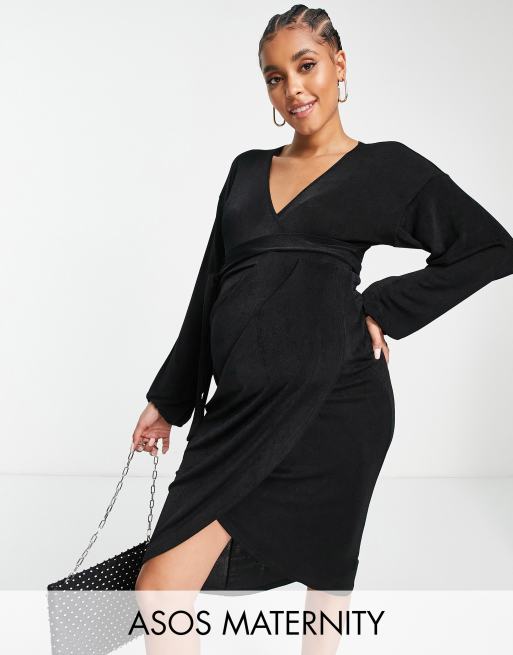 ASOS DESIGN - wrap slinky blouson sleeve midi dress in black