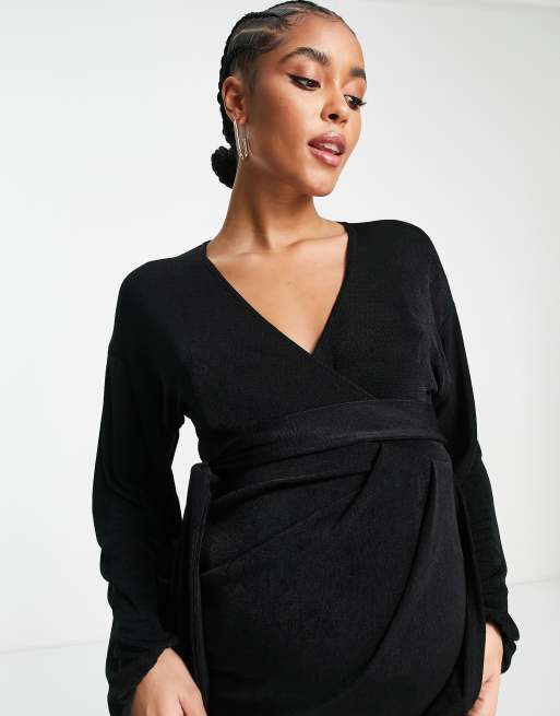 ASOS DESIGN Maternity wrap slinky blouson sleeve midi dress in