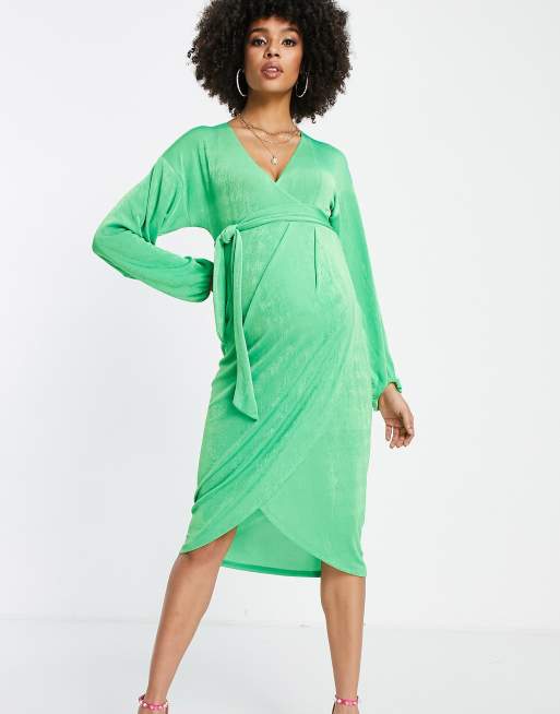 ASOS DESIGN wrap slinky blouson sleeve dress in green