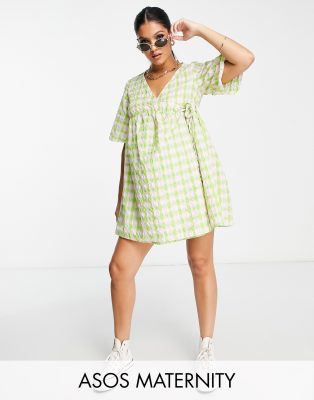 ASOS DESIGN Maternity wrap smock mini dress in pink and green check-Multi