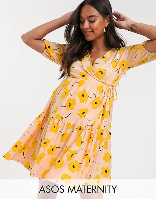 ASOS DESIGN Maternity wrap tiered smock dress in floral print
