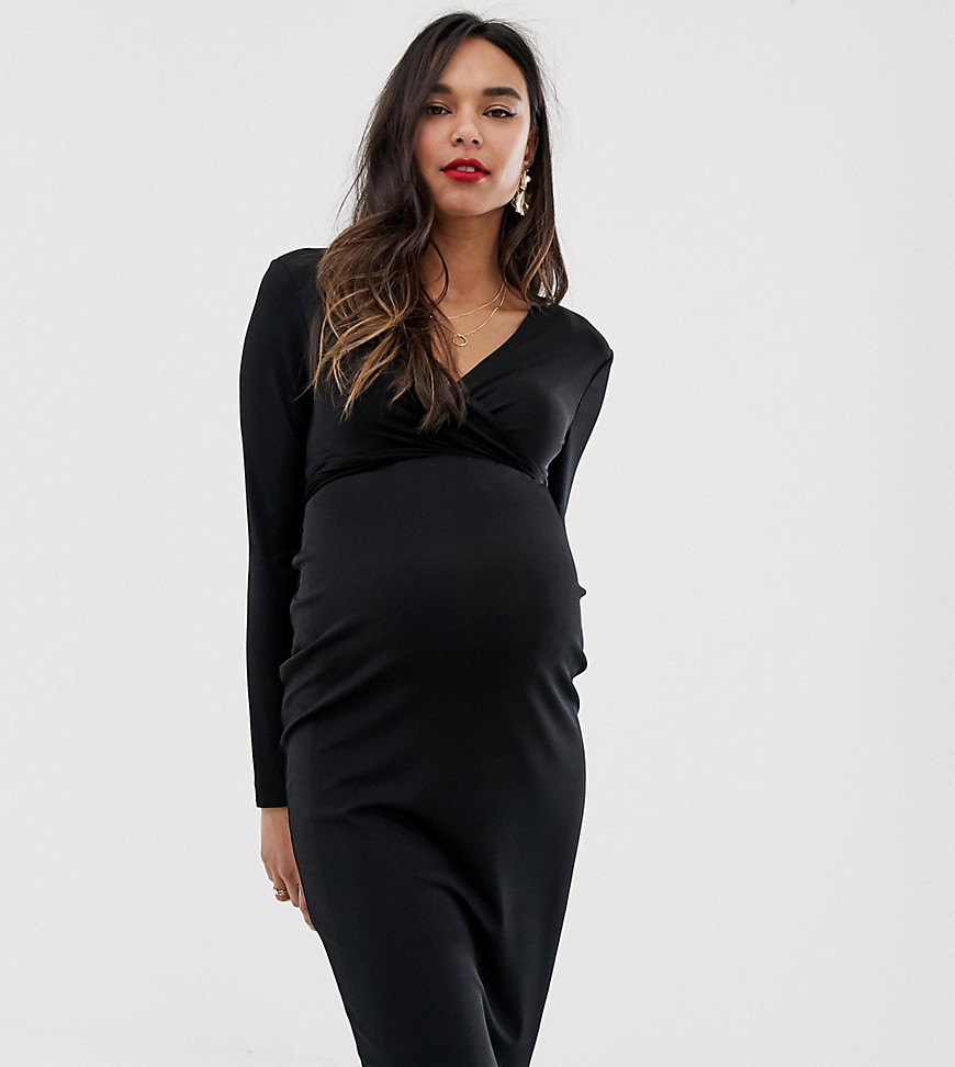 ASOS DESIGN Maternity wrap top midi dress with tie detail-Black