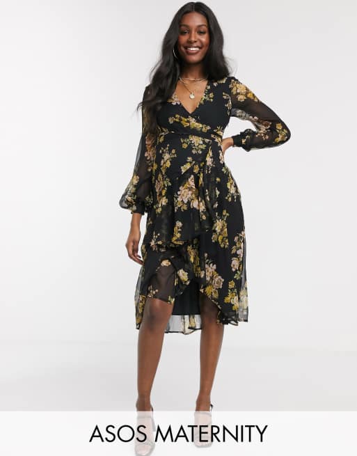 Asos black hot sale floral midi dress